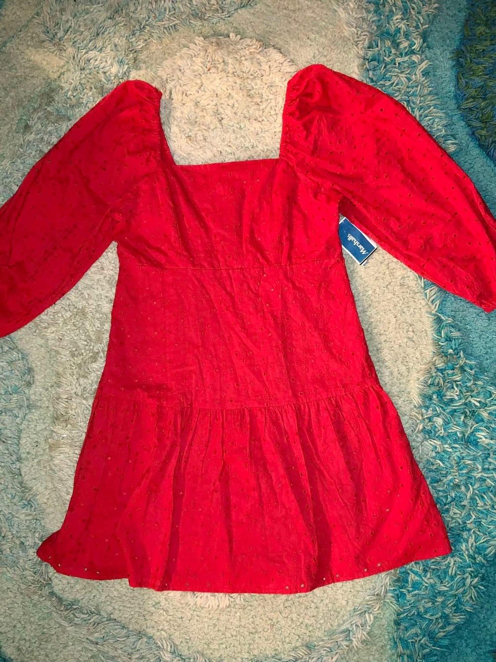 Beyond Words Red Eyelet Puff Sleeve Square Neck Dress Size M